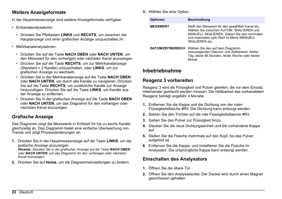 Weitere anzeigeformate, Grafische anzeige, Inbetriebnahme | Reagenz 3 vorbereiten, Einschalten des analysators, Auf seite 22 | Hach-Lange HACH 5500 sc PO43-LR Operations User Manual | Page 22 / 392