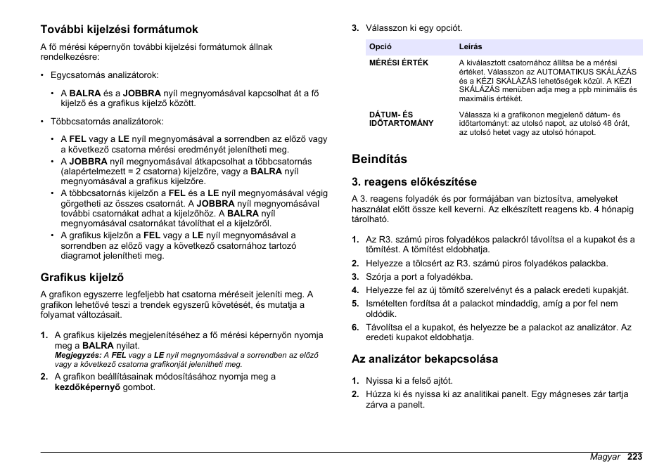 További kijelzési formátumok, Grafikus kijelző, Beindítás | Reagens előkészítése, Az analizátor bekapcsolása, 223 oldalon | Hach-Lange HACH 5500 sc PO43-LR Operations User Manual | Page 223 / 392