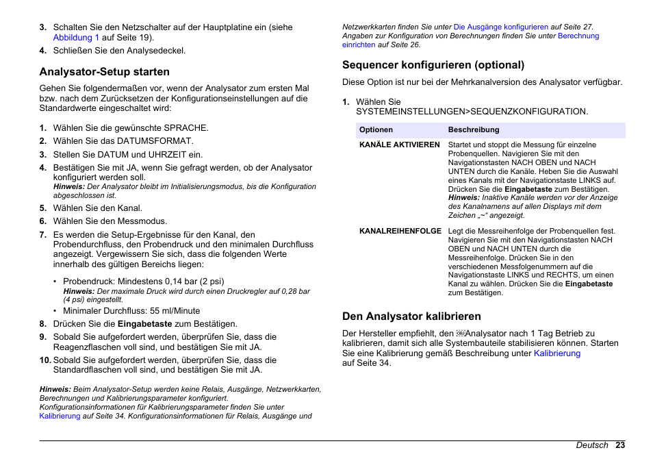 Analysator-setup starten, Sequencer konfigurieren (optional), Den analysator kalibrieren | Hach-Lange HACH 5500 sc PO43-LR Operations User Manual | Page 23 / 392