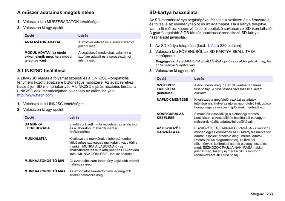 A műszer adatainak megtekintése, A link2sc beállítása, Sd-kártya használata | Hach-Lange HACH 5500 sc PO43-LR Operations User Manual | Page 233 / 392