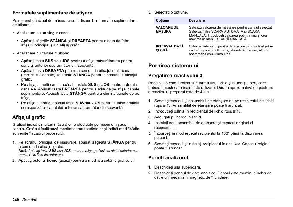 Formatele suplimentare de afişare, Afişajul grafic, Pornirea sistemului | Pregătirea reactivului 3, Porniţi analizorul | Hach-Lange HACH 5500 sc PO43-LR Operations User Manual | Page 240 / 392