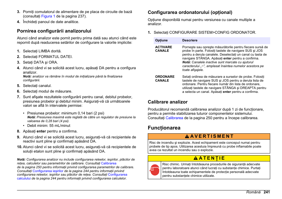 Pornirea configurării analizorului, Configurarea ordonatorului (opţional), Calibrare analizor | Funcţionarea | Hach-Lange HACH 5500 sc PO43-LR Operations User Manual | Page 241 / 392