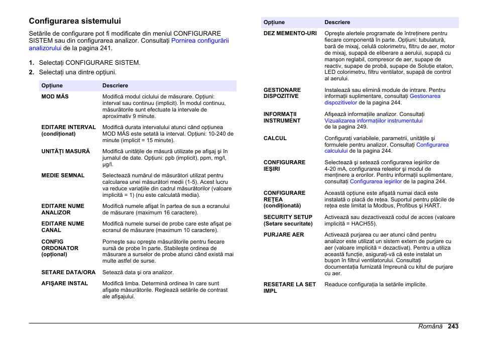 Configurarea sistemului | Hach-Lange HACH 5500 sc PO43-LR Operations User Manual | Page 243 / 392