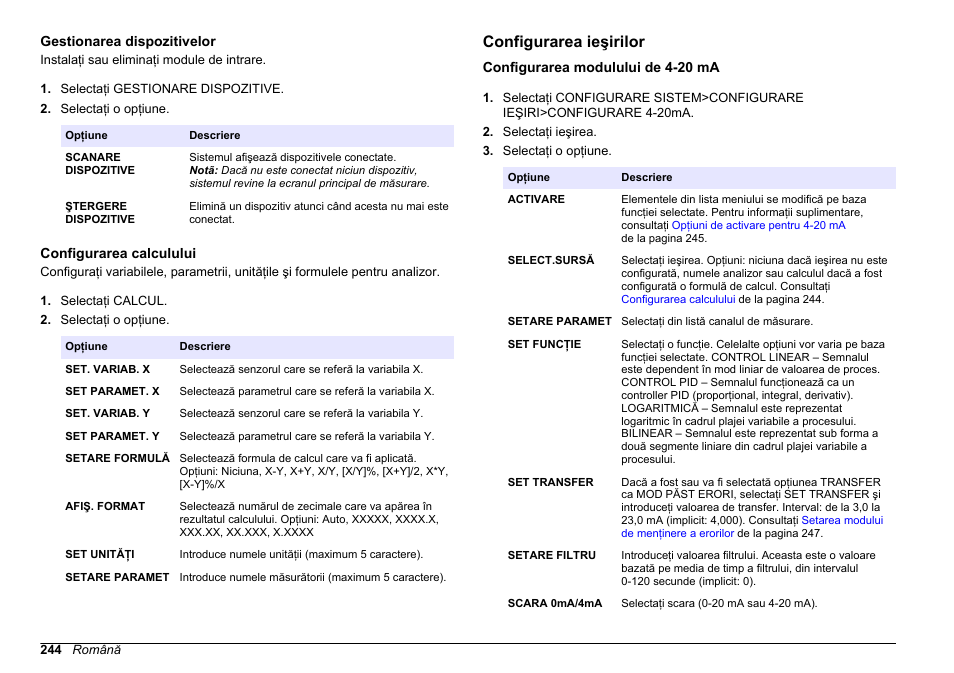 Gestionarea dispozitivelor, Configurarea calculului, Configurarea ieşirilor | Configurarea modulului de 4-20 ma, Configurarea, Calculului, Gestionarea, Dispozitivelor, Consultaţi | Hach-Lange HACH 5500 sc PO43-LR Operations User Manual | Page 244 / 392