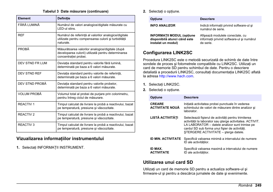 Vizualizarea informaţiilor instrumentului, Configurarea link2sc, Utilizarea unui card sd | Hach-Lange HACH 5500 sc PO43-LR Operations User Manual | Page 249 / 392