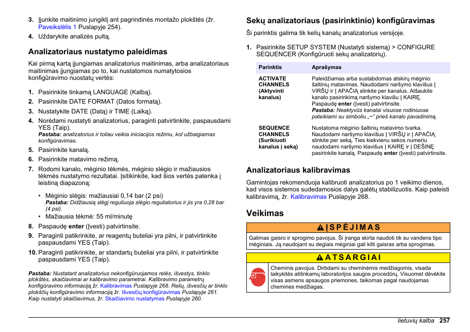 Analizatoriaus nustatymo paleidimas, Sekų analizatoriaus (pasirinktinio) konfigūravimas, Analizatoriaus kalibravimas | Veikimas | Hach-Lange HACH 5500 sc PO43-LR Operations User Manual | Page 257 / 392