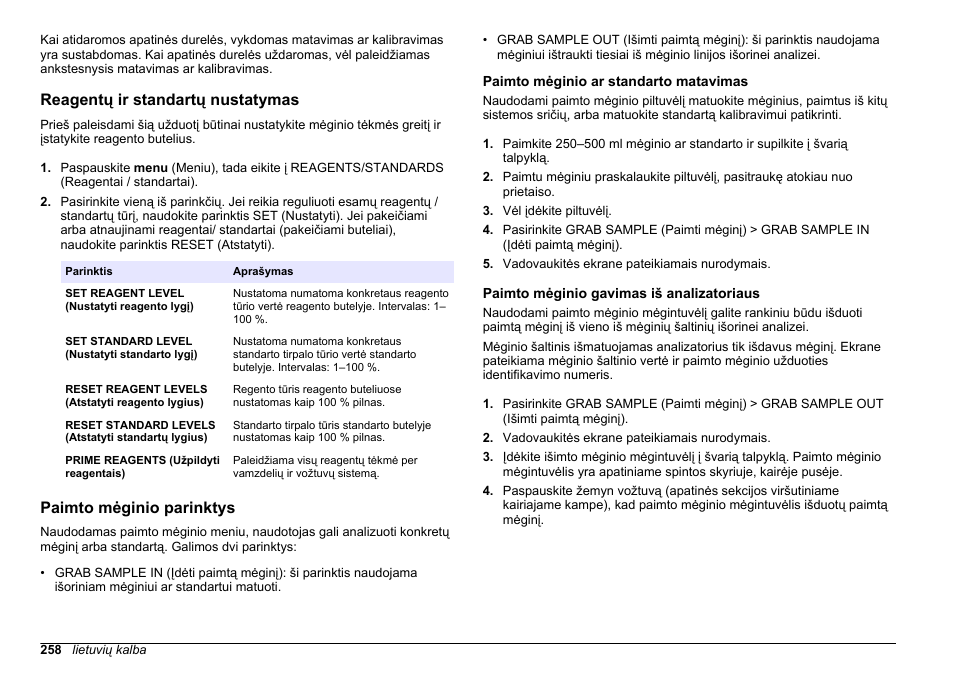 Reagentų ir standartų nustatymas, Paimto mėginio parinktys, Paimto mėginio ar standarto matavimas | Paimto mėginio gavimas iš analizatoriaus | Hach-Lange HACH 5500 sc PO43-LR Operations User Manual | Page 258 / 392