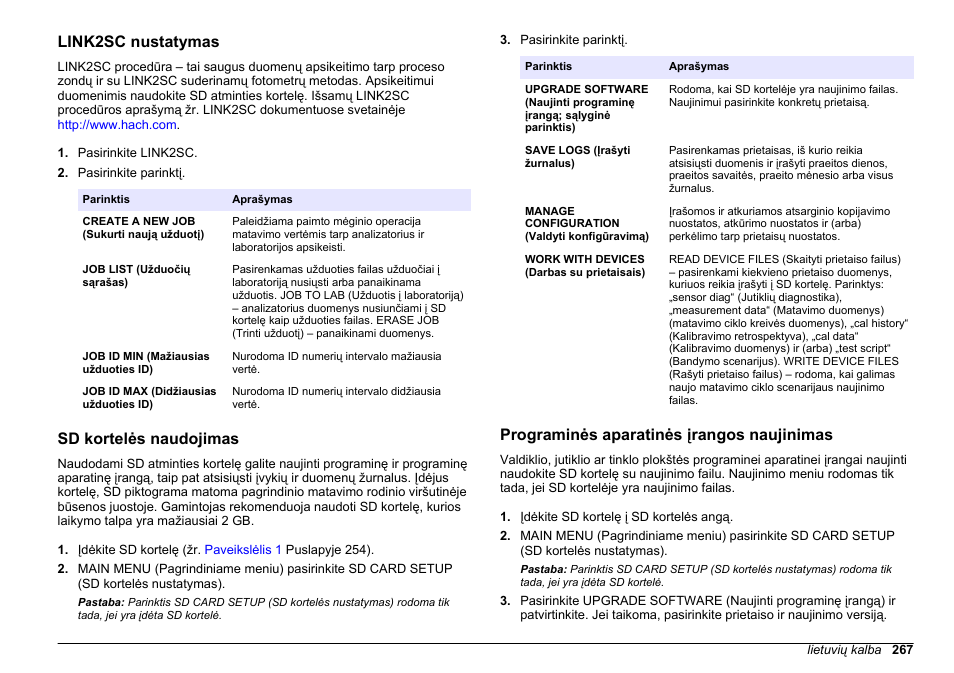 Link2sc nustatymas, Sd kortelės naudojimas, Programinės aparatinės įrangos naujinimas | Hach-Lange HACH 5500 sc PO43-LR Operations User Manual | Page 267 / 392