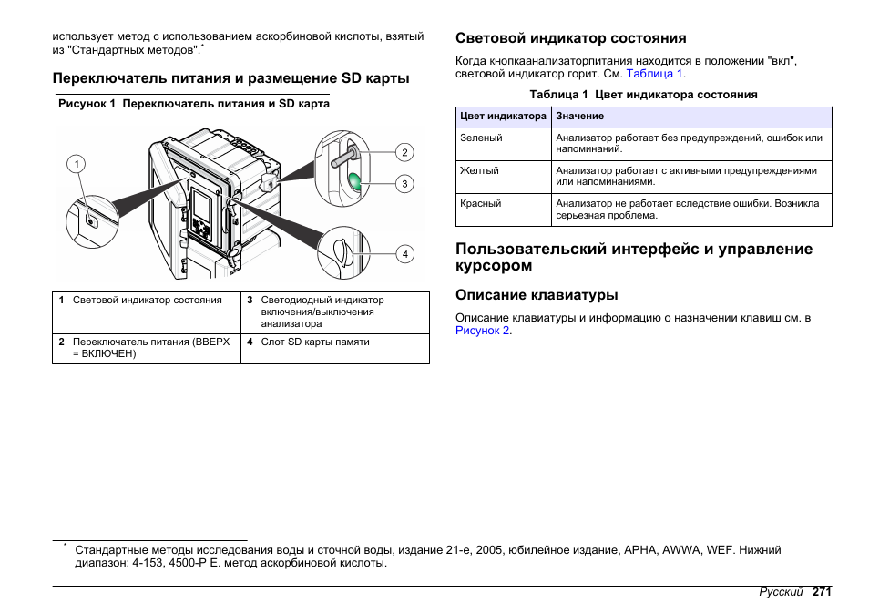 Переключатель питания и размещение sd карты, Световой индикатор состояния, Пользовательский интерфейс и управление курсором | Описание клавиатуры | Hach-Lange HACH 5500 sc PO43-LR Operations User Manual | Page 271 / 392