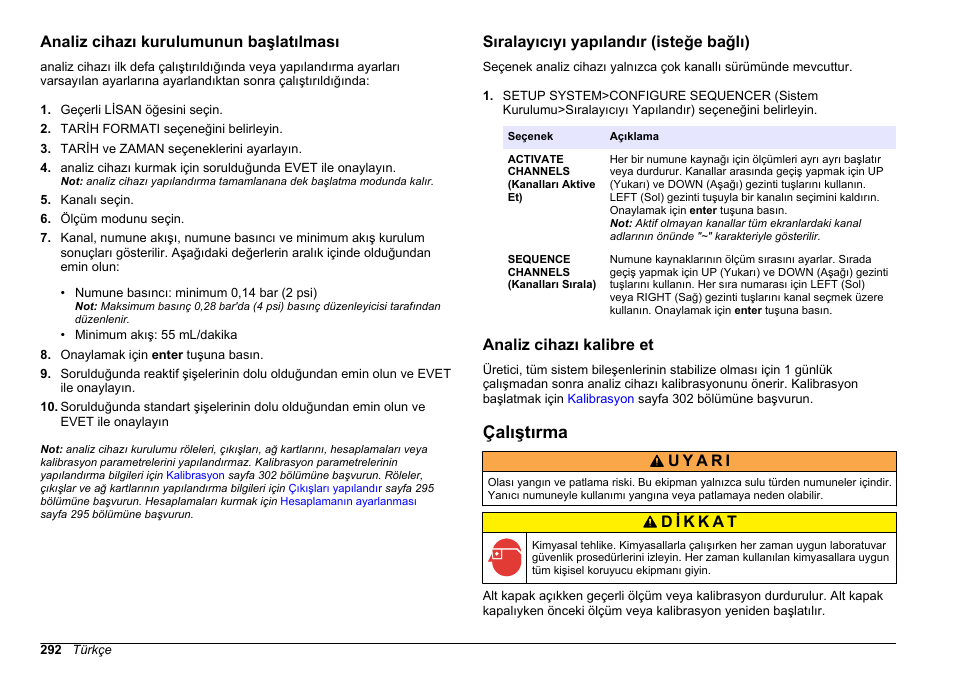 Analiz cihazı kurulumunun başlatılması, Sıralayıcıyı yapılandır (isteğe bağlı), Analiz cihazı kalibre et | Çalıştırma | Hach-Lange HACH 5500 sc PO43-LR Operations User Manual | Page 292 / 392