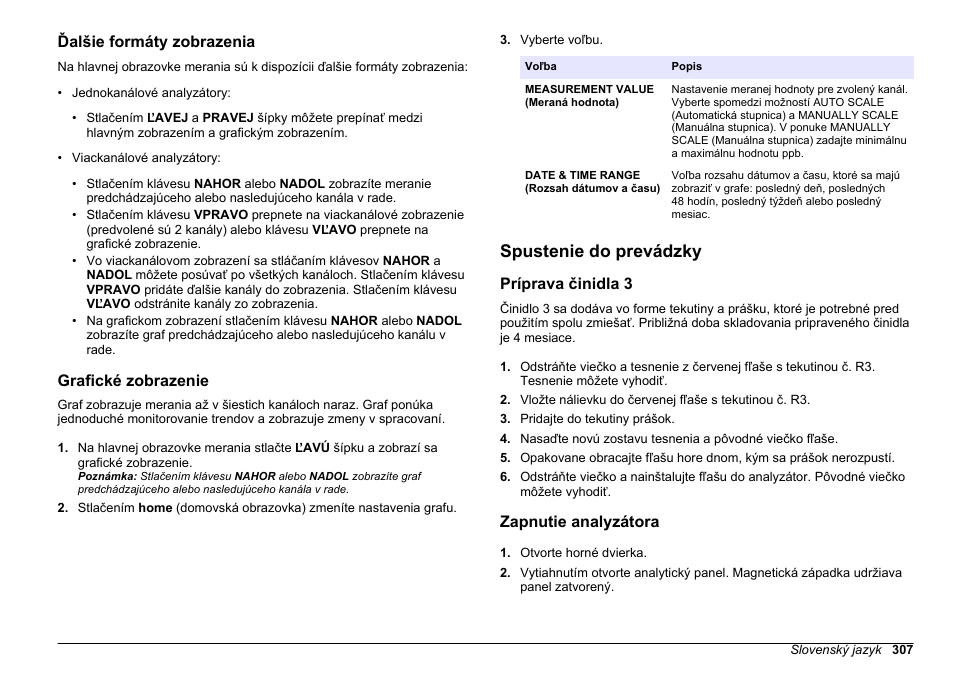 Ďalšie formáty zobrazenia, Grafické zobrazenie, Spustenie do prevádzky | Príprava činidla 3, Zapnutie analyzátora, Na strane 307 | Hach-Lange HACH 5500 sc PO43-LR Operations User Manual | Page 307 / 392