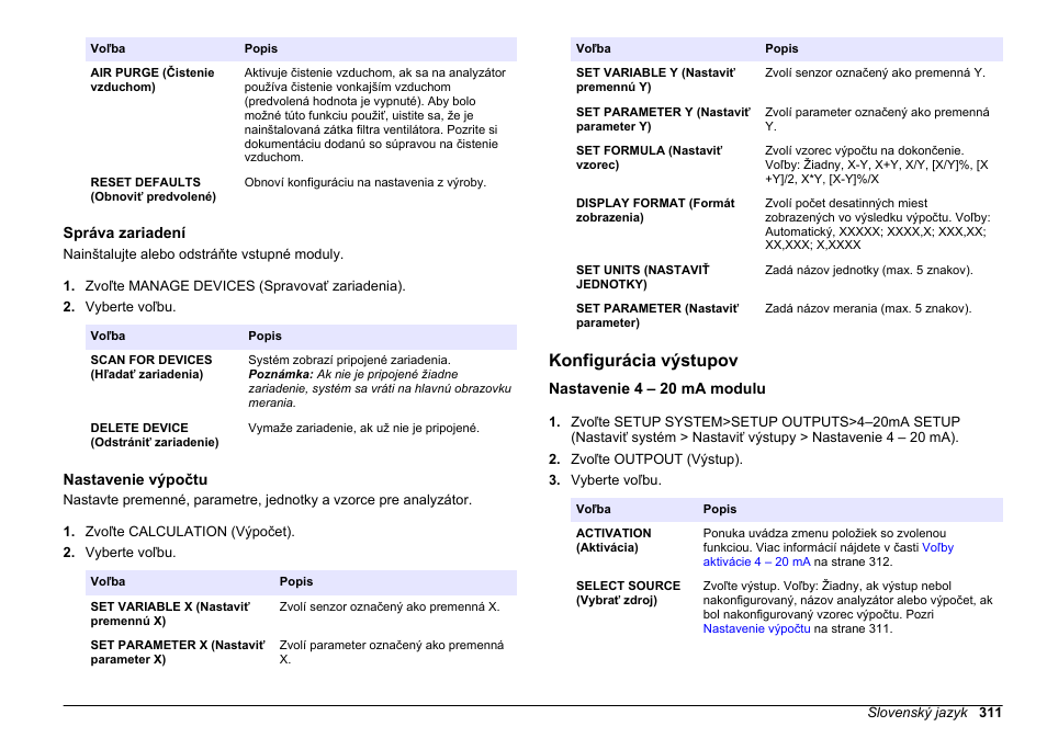 Správa zariadení, Nastavenie výpočtu, Konfigurácia výstupov | Nastavenie 4 – 20 ma modulu, Informácie o nastavení výpočtov nájdete v časti, Nastavenie, Výpočtu, Pozri, Na strane 311, Konfigurácia | Hach-Lange HACH 5500 sc PO43-LR Operations User Manual | Page 311 / 392