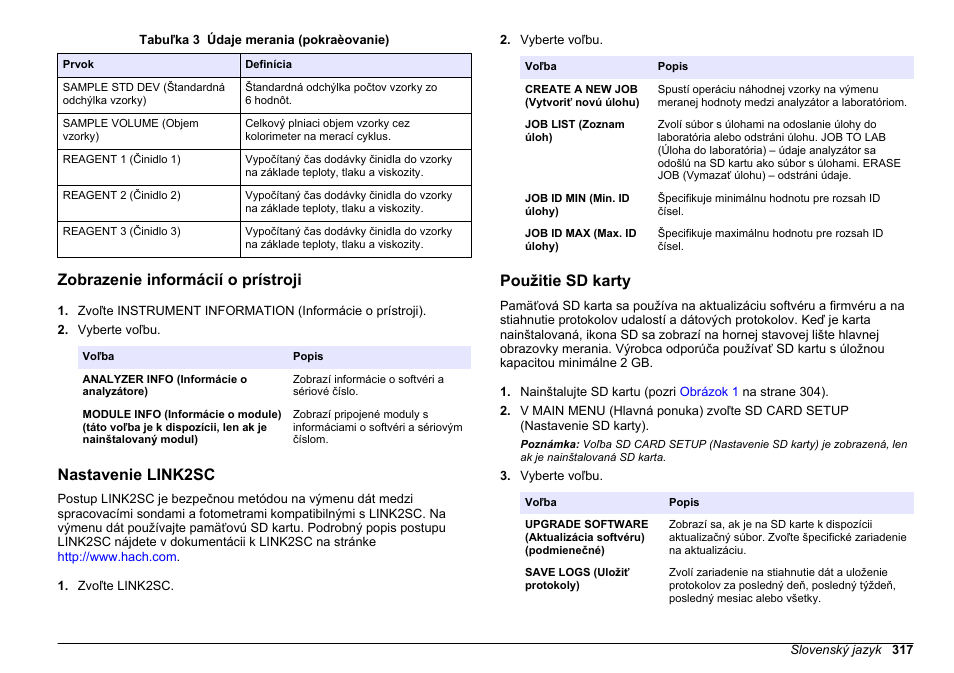 Zobrazenie informácií o prístroji, Nastavenie link2sc, Použitie sd karty | Hach-Lange HACH 5500 sc PO43-LR Operations User Manual | Page 317 / 392