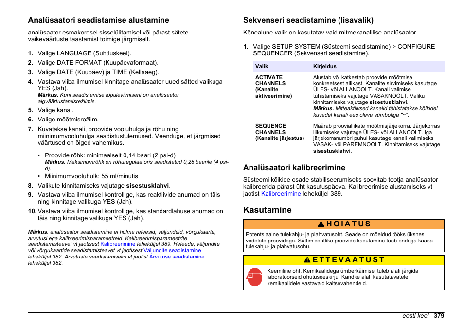 Analüsaatori seadistamise alustamine, Sekvenseri seadistamine (lisavalik), Analüsaatori kalibreerimine | Kasutamine, Leheküljel | Hach-Lange HACH 5500 sc PO43-LR Operations User Manual | Page 379 / 392