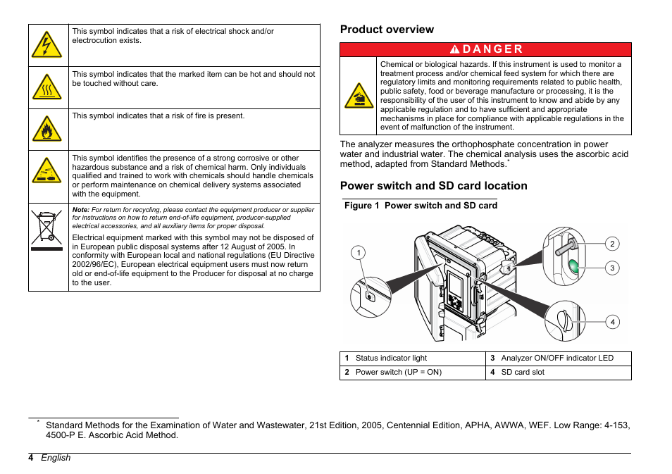 Product overview, Power switch and sd card location | Hach-Lange HACH 5500 sc PO43-LR Operations User Manual | Page 4 / 392