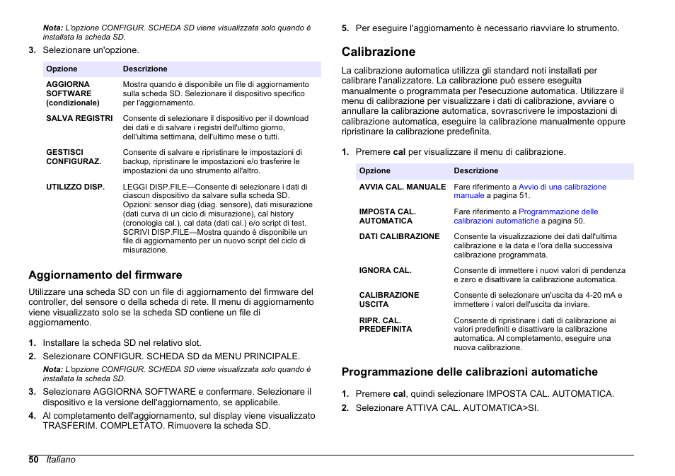 Aggiornamento del firmware, Calibrazione, Programmazione delle calibrazioni automatiche | Hach-Lange HACH 5500 sc PO43-LR Operations User Manual | Page 50 / 392