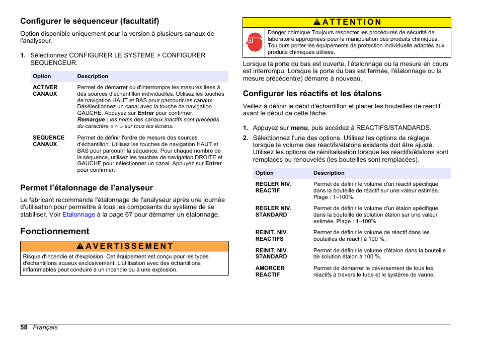 Configurer le séquenceur (facultatif), Permet l’étalonnage de l’analyseur, Fonctionnement | Configurer les réactifs et les étalons | Hach-Lange HACH 5500 sc PO43-LR Operations User Manual | Page 58 / 392