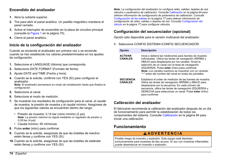 Encendido del analizador, Inicio de la configuración del analizador, Configuración del secuenciador (opcional) | Calibración del analizador, Funcionamiento | Hach-Lange HACH 5500 sc PO43-LR Operations User Manual | Page 74 / 392