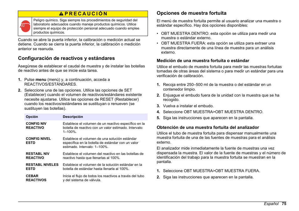 Configuración de reactivos y estándares, Opciones de muestra fortuita, Medición de una muestra fortuita o estándar | Obtención de una muestra fortuita del analizador | Hach-Lange HACH 5500 sc PO43-LR Operations User Manual | Page 75 / 392