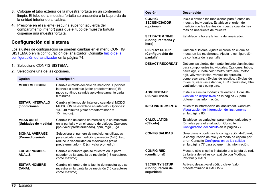 Configuración del sistema | Hach-Lange HACH 5500 sc PO43-LR Operations User Manual | Page 76 / 392