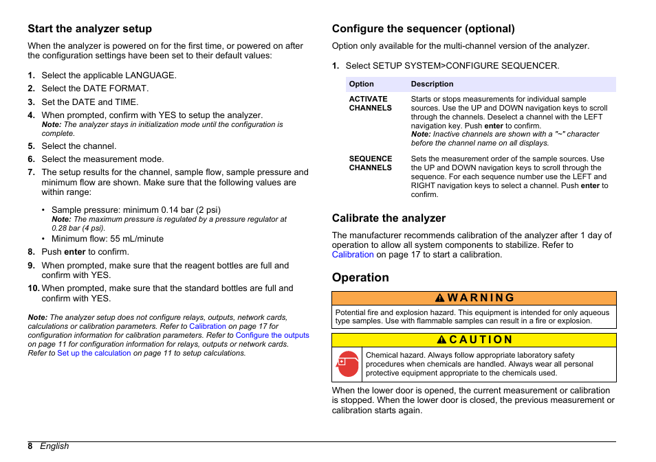 Start the analyzer setup, Configure the sequencer (optional), Calibrate the analyzer | Operation | Hach-Lange HACH 5500 sc PO43-LR Operations User Manual | Page 8 / 392