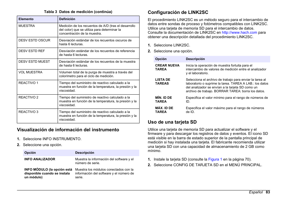 Visualización de información del instrumento, Configuración de link2sc, Uso de una tarjeta sd | Hach-Lange HACH 5500 sc PO43-LR Operations User Manual | Page 83 / 392