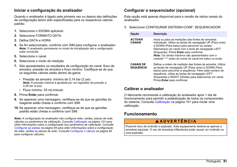 Iniciar a configuração do analisador, Configurar o sequenciador (opcional), Calibrar o analisador | Funcionamento | Hach-Lange HACH 5500 sc PO43-LR Operations User Manual | Page 91 / 392