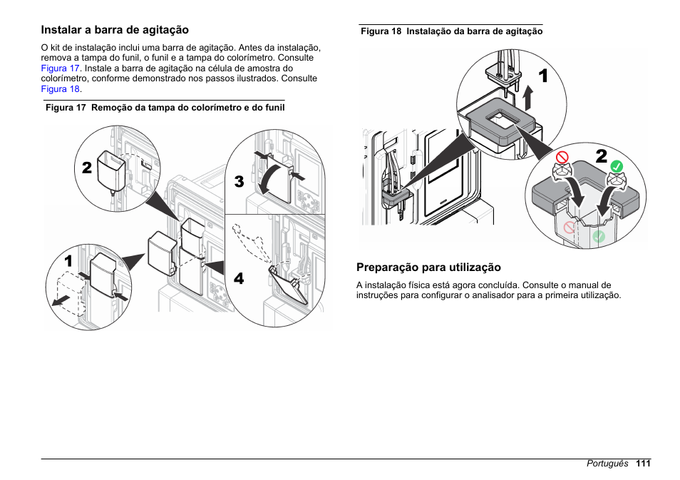 Instalar a barra de agitação, Preparação para utilização | Hach-Lange HACH 5500 sc SiO2 Installation User Manual | Page 111 / 418