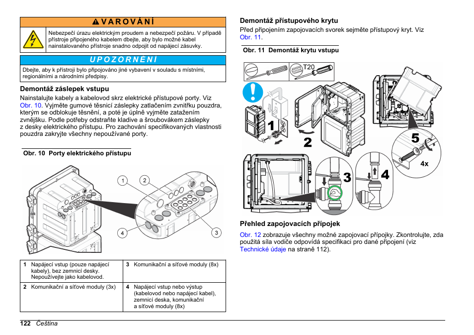 Demontáž záslepek vstupu, Demontáž přístupového krytu, Přehled zapojovacích přípojek | Hach-Lange HACH 5500 sc SiO2 Installation User Manual | Page 122 / 418