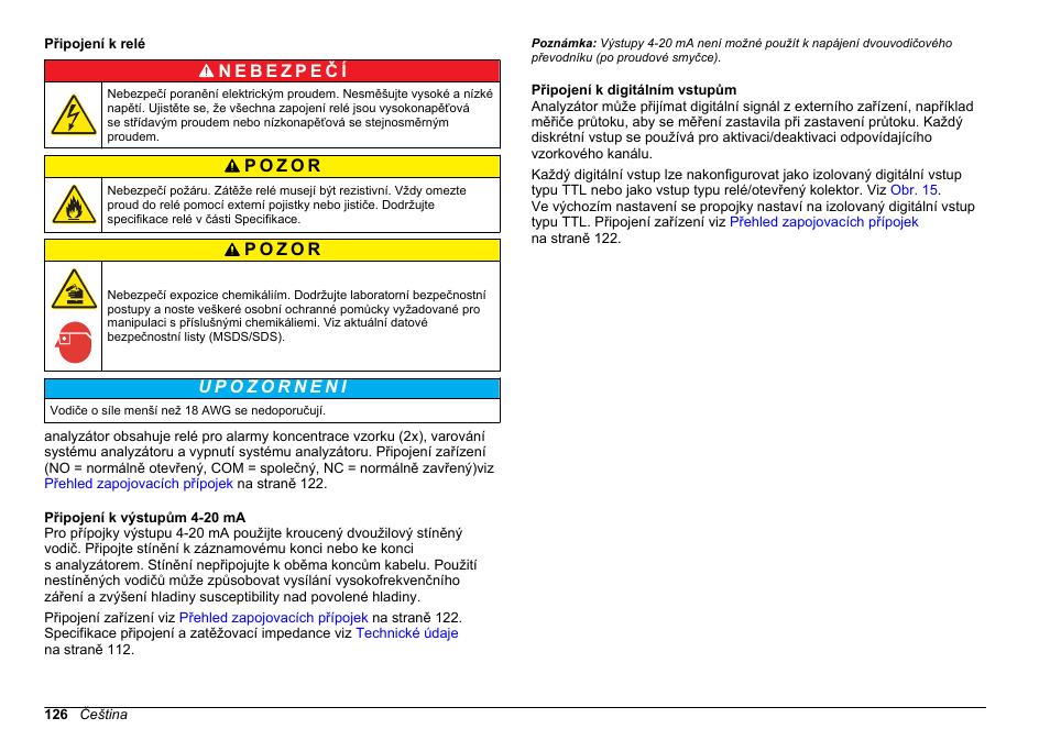 Připojení k relé, Připojení k výstupům 4-20 ma, Připojení k digitálním vstupům | Hach-Lange HACH 5500 sc SiO2 Installation User Manual | Page 126 / 418