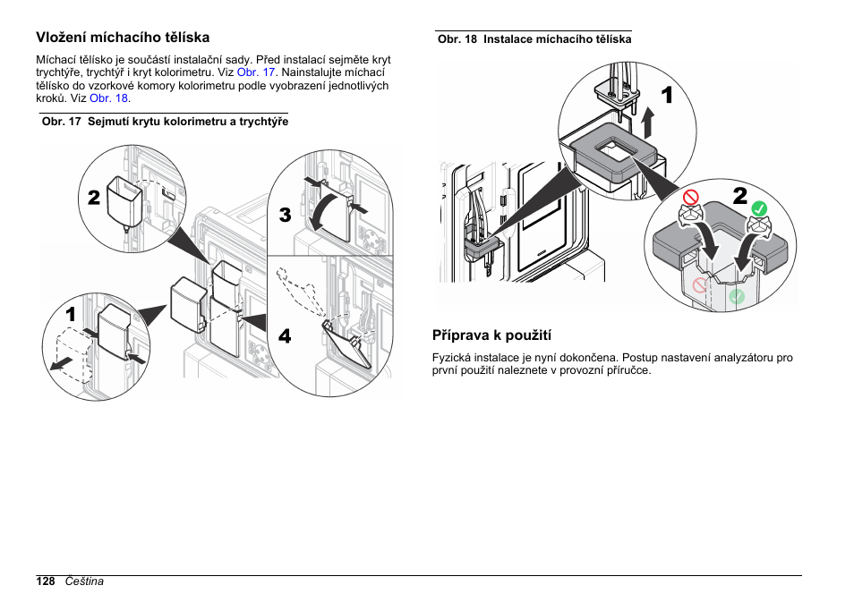 Vložení míchacího tělíska, Příprava k použití | Hach-Lange HACH 5500 sc SiO2 Installation User Manual | Page 128 / 418