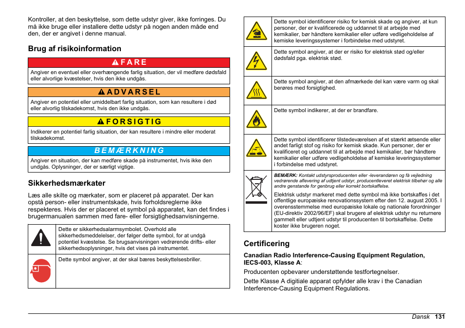 Brug af risikoinformation, Sikkerhedsmærkater, Certificering | Hach-Lange HACH 5500 sc SiO2 Installation User Manual | Page 131 / 418