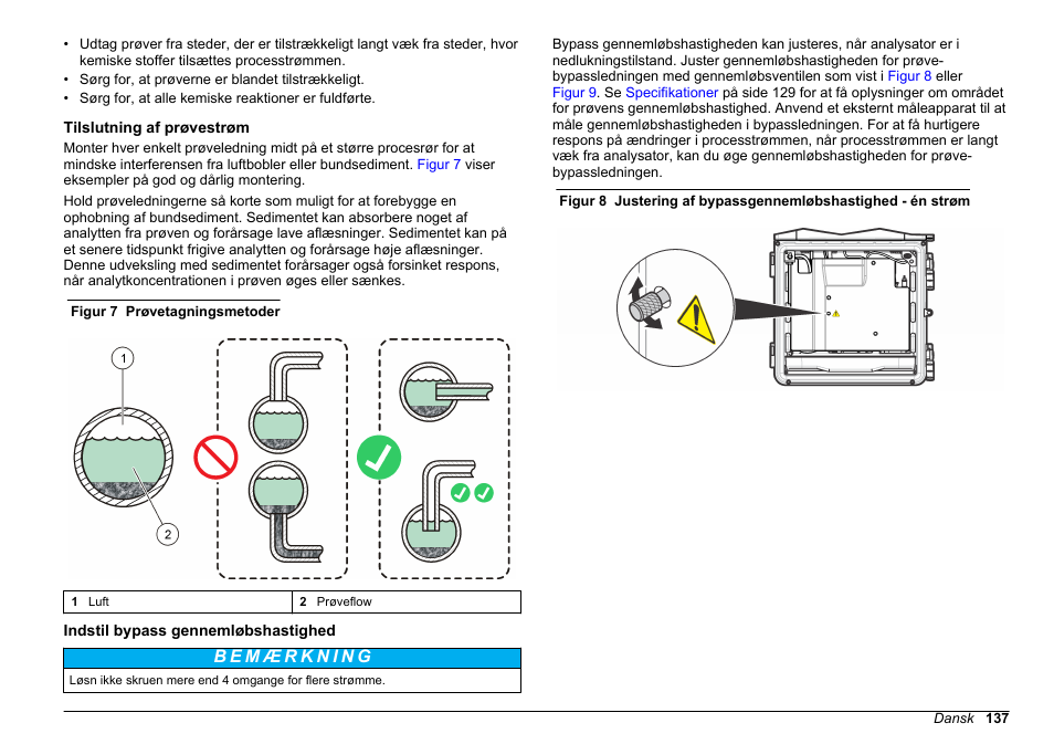 Tilslutning af prøvestrøm, Indstil bypass gennemløbshastighed | Hach-Lange HACH 5500 sc SiO2 Installation User Manual | Page 137 / 418