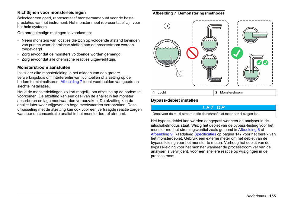 Richtlijnen voor monsterleidingen, Monsterstroom aansluiten, Bypass-debiet instellen | Hach-Lange HACH 5500 sc SiO2 Installation User Manual | Page 155 / 418