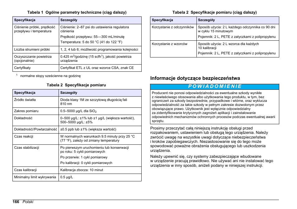 Informacje dotyczące bezpieczeństwa | Hach-Lange HACH 5500 sc SiO2 Installation User Manual | Page 166 / 418