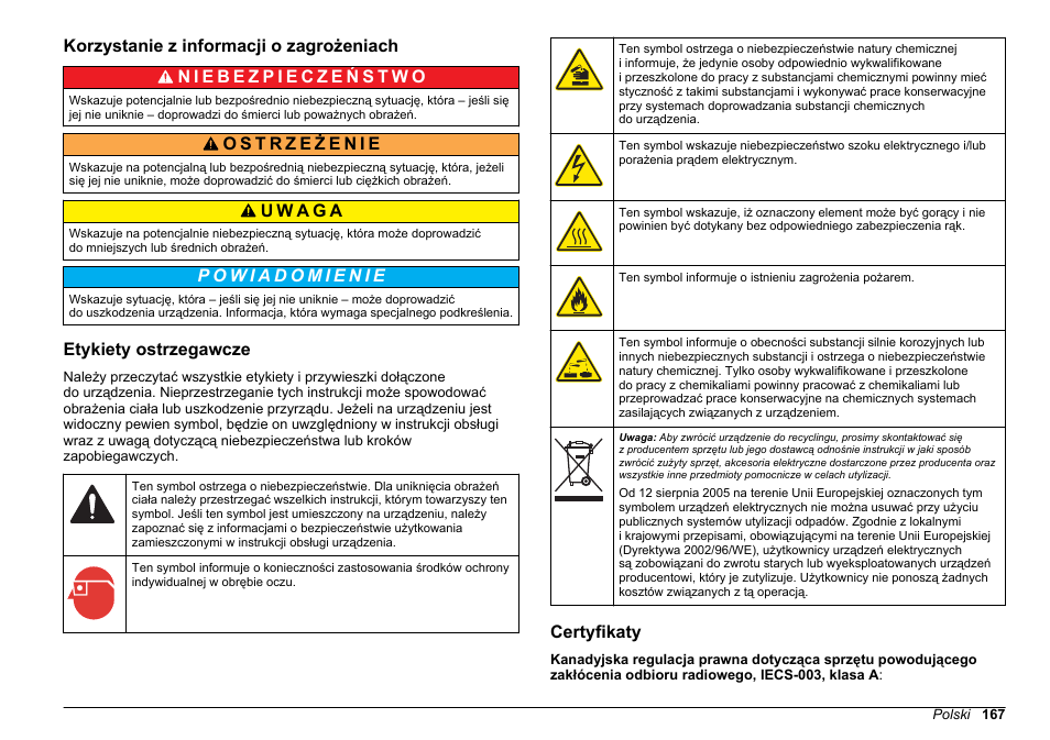 Korzystanie z informacji o zagrożeniach, Etykiety ostrzegawcze, Certyfikaty | Hach-Lange HACH 5500 sc SiO2 Installation User Manual | Page 167 / 418