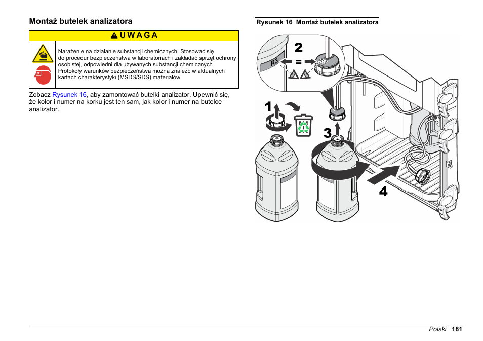 Montaż butelek analizatora | Hach-Lange HACH 5500 sc SiO2 Installation User Manual | Page 181 / 418