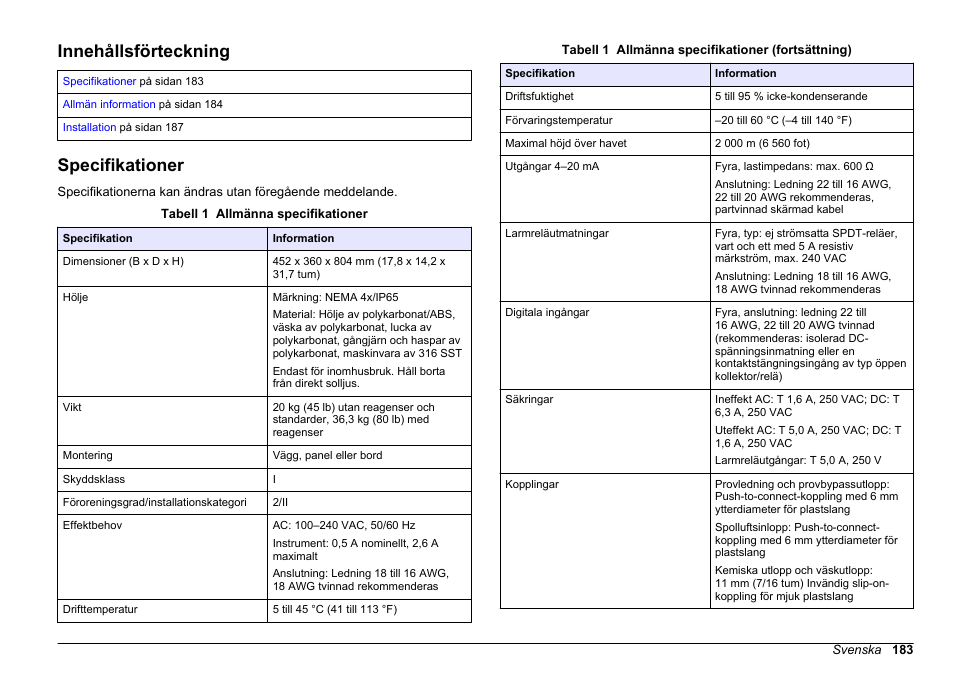 Installation, Innehållsförteckning, Specifikationer | Svenska | Hach-Lange HACH 5500 sc SiO2 Installation User Manual | Page 183 / 418