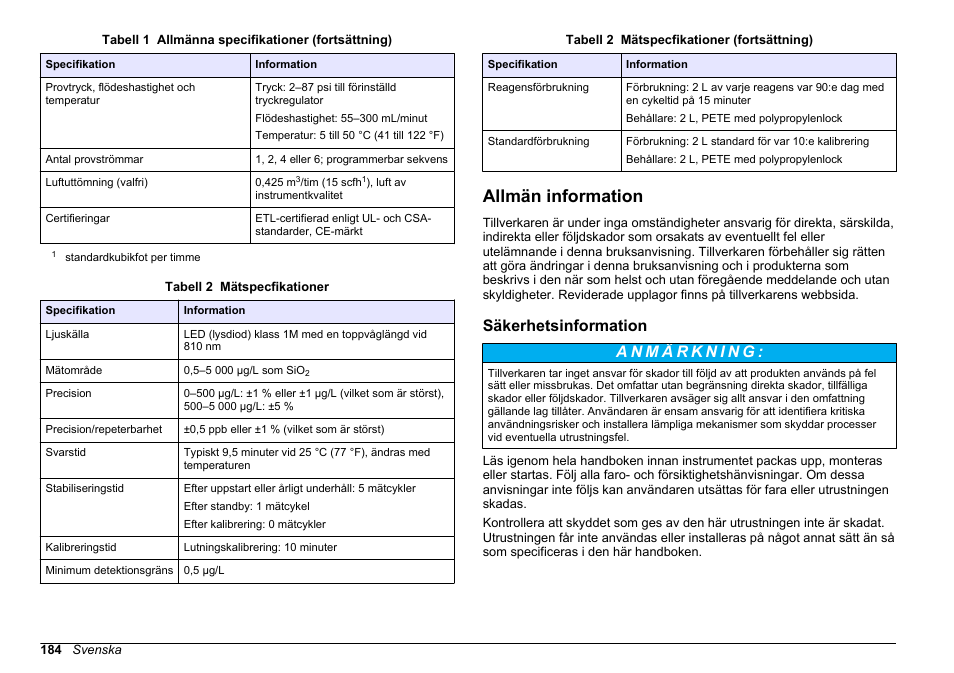 Allmän information, Säkerhetsinformation, På sidan 184 | Hach-Lange HACH 5500 sc SiO2 Installation User Manual | Page 184 / 418