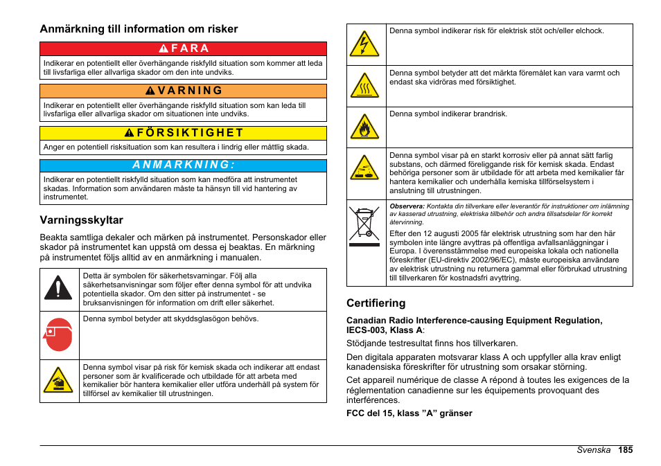 Anmärkning till information om risker, Varningsskyltar, Certifiering | Hach-Lange HACH 5500 sc SiO2 Installation User Manual | Page 185 / 418