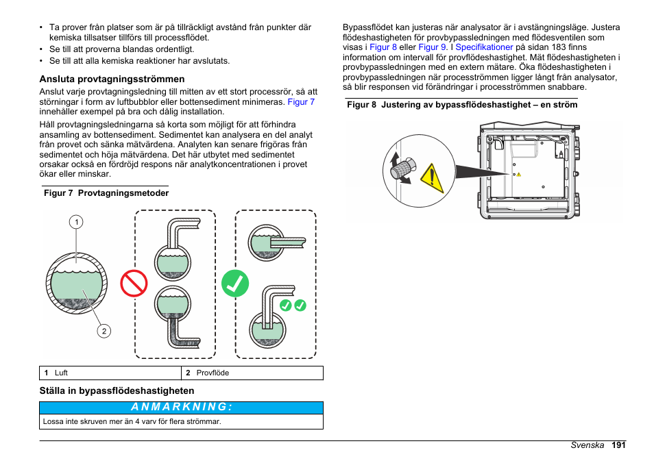 Ansluta provtagningsströmmen, Ställa in bypassflödeshastigheten | Hach-Lange HACH 5500 sc SiO2 Installation User Manual | Page 191 / 418