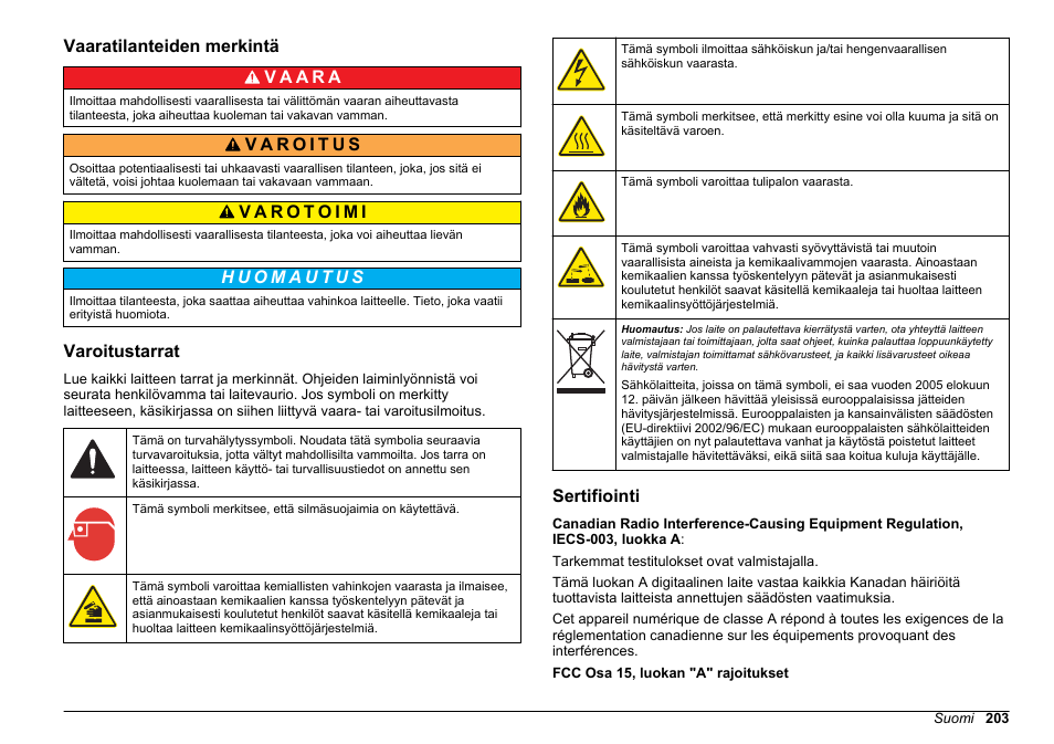 Vaaratilanteiden merkintä, Varoitustarrat, Sertifiointi | Hach-Lange HACH 5500 sc SiO2 Installation User Manual | Page 203 / 418