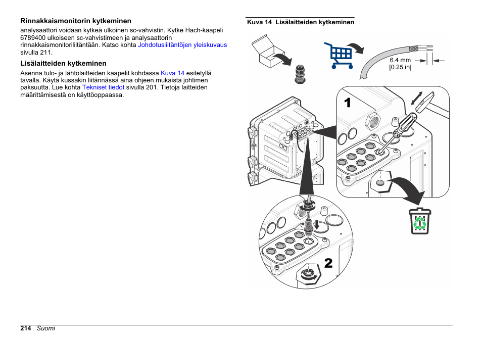 Rinnakkaismonitorin kytkeminen, Lisälaitteiden kytkeminen | Hach-Lange HACH 5500 sc SiO2 Installation User Manual | Page 214 / 418