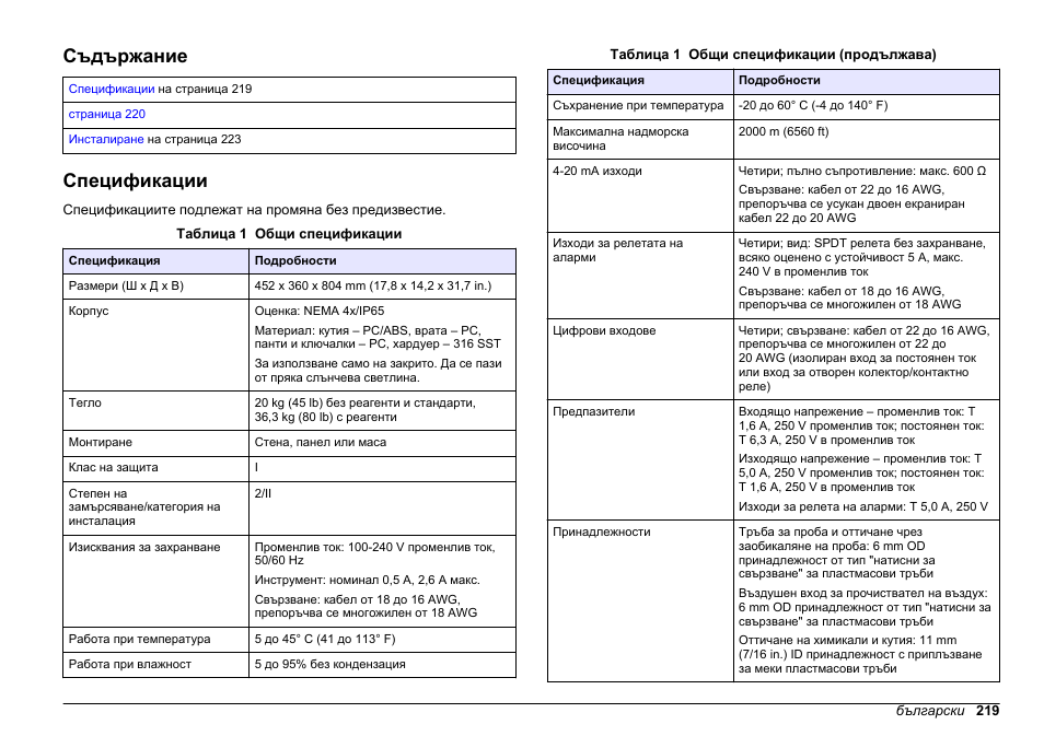 Инсталиране, Съдържание, Спецификации | Български | Hach-Lange HACH 5500 sc SiO2 Installation User Manual | Page 219 / 418