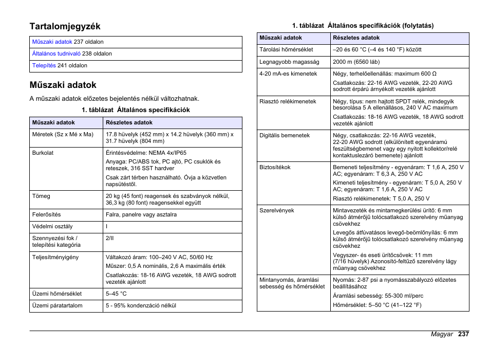 Telepítés, Tartalomjegyzék, Műszaki adatok | Magyar | Hach-Lange HACH 5500 sc SiO2 Installation User Manual | Page 237 / 418