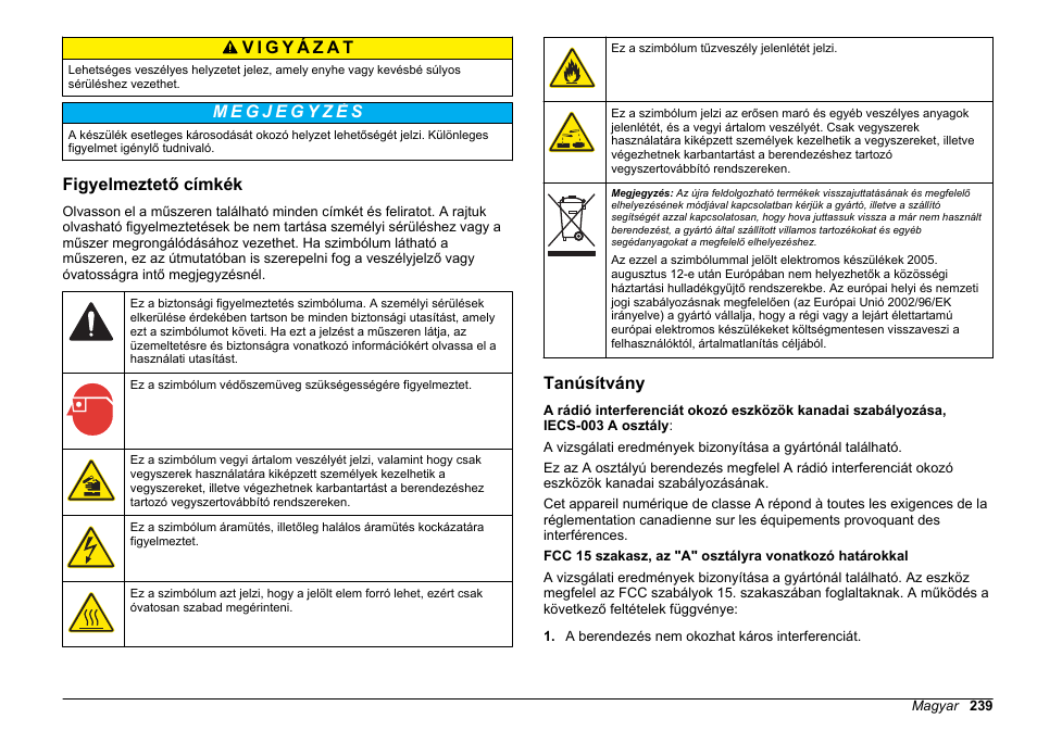 Figyelmeztető címkék, Tanúsítvány | Hach-Lange HACH 5500 sc SiO2 Installation User Manual | Page 239 / 418