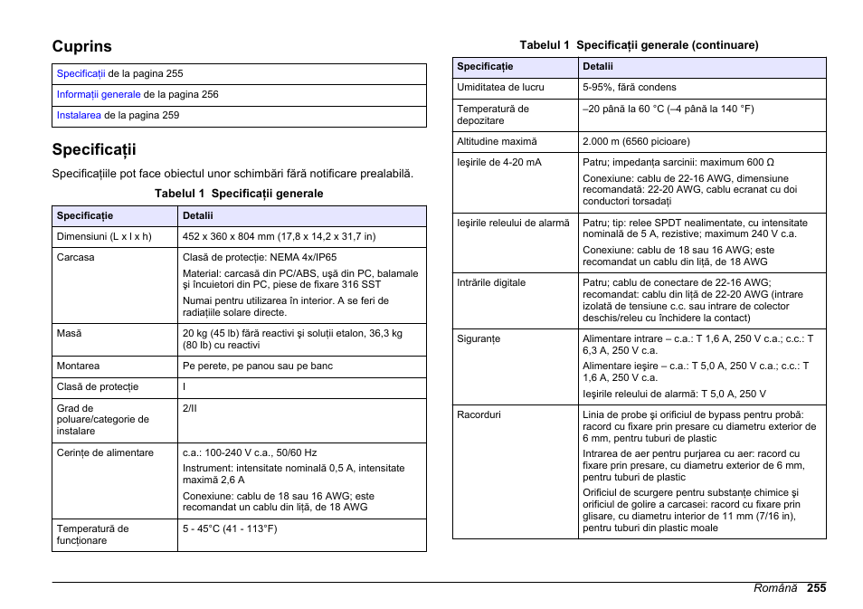 Instalarea, Cuprins, Specificaţii | Română | Hach-Lange HACH 5500 sc SiO2 Installation User Manual | Page 255 / 418