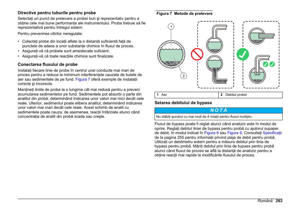 Directive pentru tuburile pentru probe, Conectarea fluxului de probe, Setarea debitului de bypass | N o t ã | Hach-Lange HACH 5500 sc SiO2 Installation User Manual | Page 263 / 418