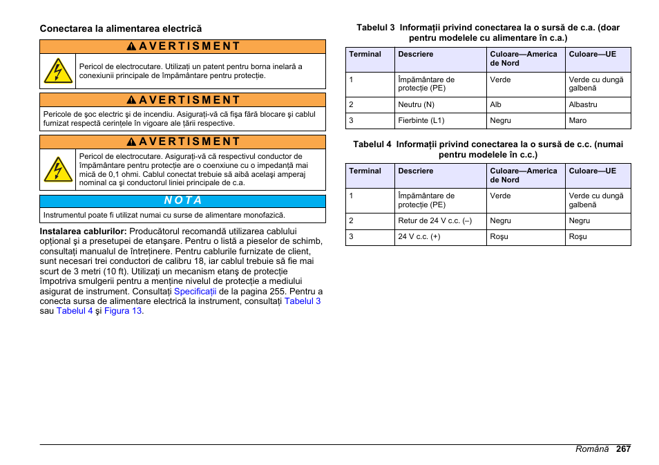 Conectarea la alimentarea electrică, N o t ã | Hach-Lange HACH 5500 sc SiO2 Installation User Manual | Page 267 / 418