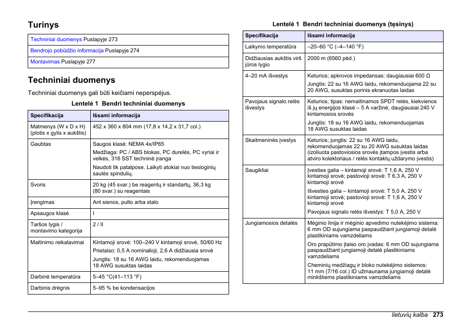 Montavimas, Turinys, Techniniai duomenys | Lietuvių kalba | Hach-Lange HACH 5500 sc SiO2 Installation User Manual | Page 273 / 418